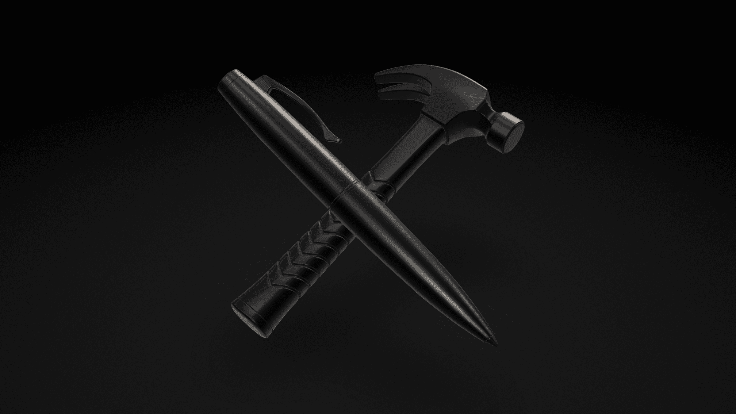 Matte metal hammer and pen crossed in a dark studio